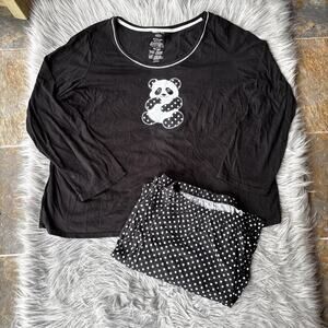 White Stag Pajama Set Sz 2X Black Embroidered Panda Polka Dot Pants Vintage